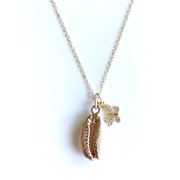 Dainty 16” Cowrie Shell + Butterfly Charm Necklace - Picture 2 of 2